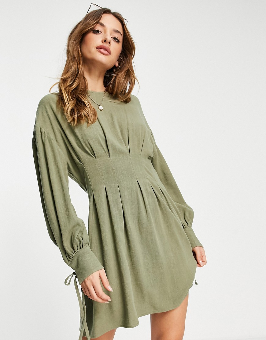ASOS DESIGN nipped in waist linen mini dress in khaki-Green