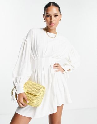 ASOS DESIGN nipped in waist linen mini dress in white | ASOS