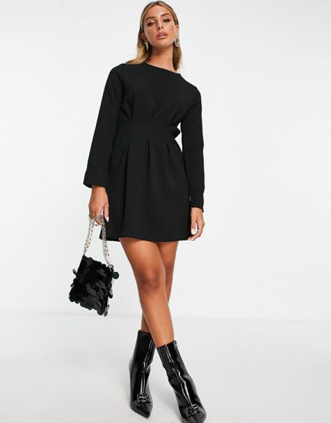 ASOS LUXE faux pearl embellished long sleeve mini dress with bow back in  black