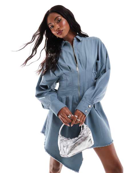 ASOS DESIGN nipped in waist playsuit with blouson shirt in grey - view 1