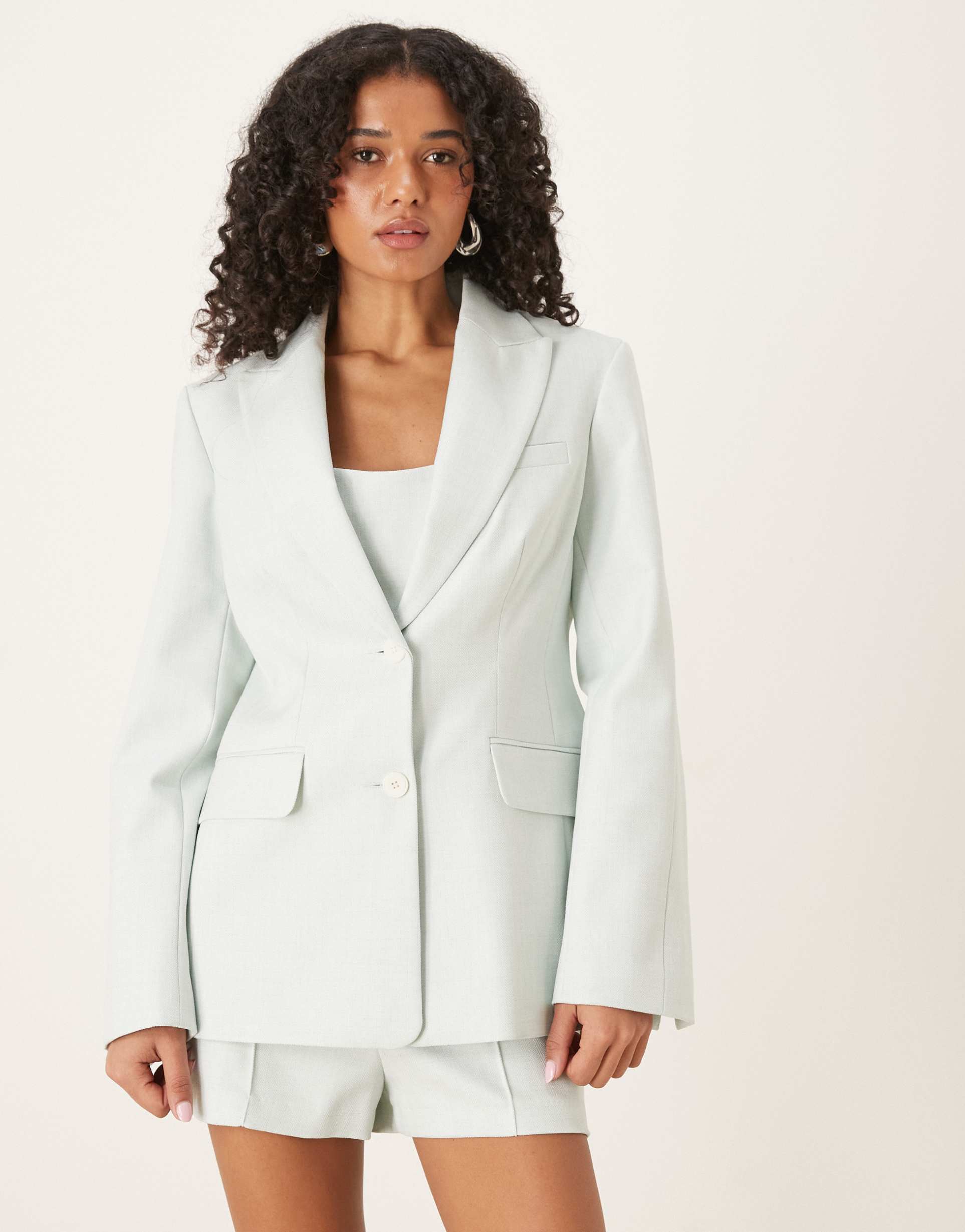 asos design nipped waist blazer in mint herringbone
