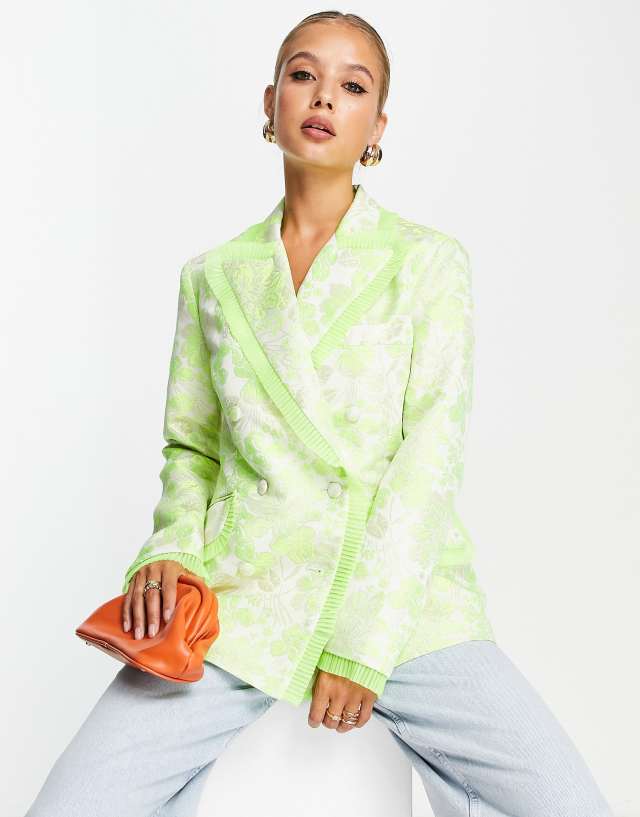 ASOS DESIGN nipped waist jacquard blazer with ruffle detail in lime