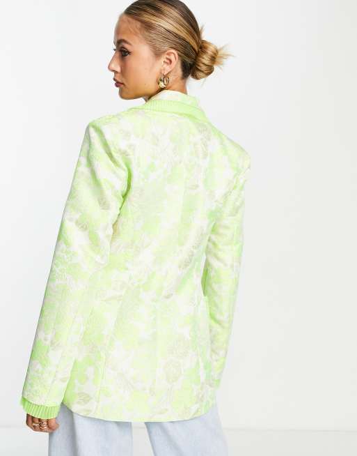 ASOS DESIGN nipped waist jacquard blazer with ruffle detail in lime, 2 of 4