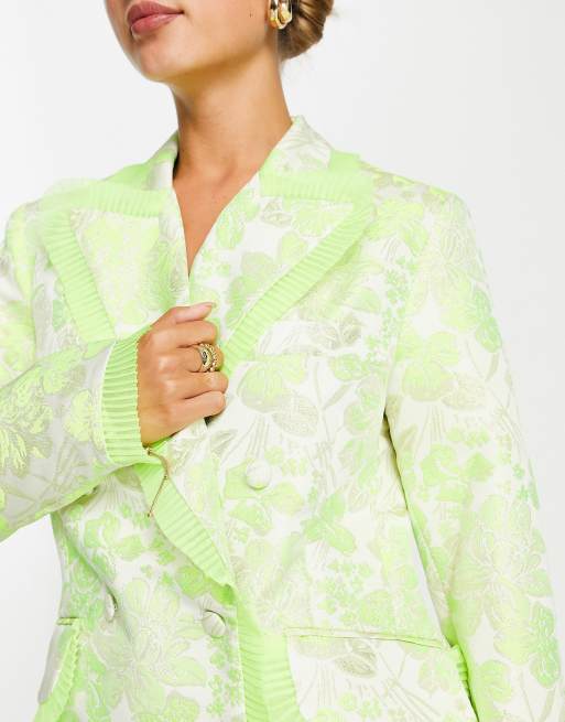 ASOS DESIGN nipped waist jacquard blazer with ruffle detail in lime, 3 of 4