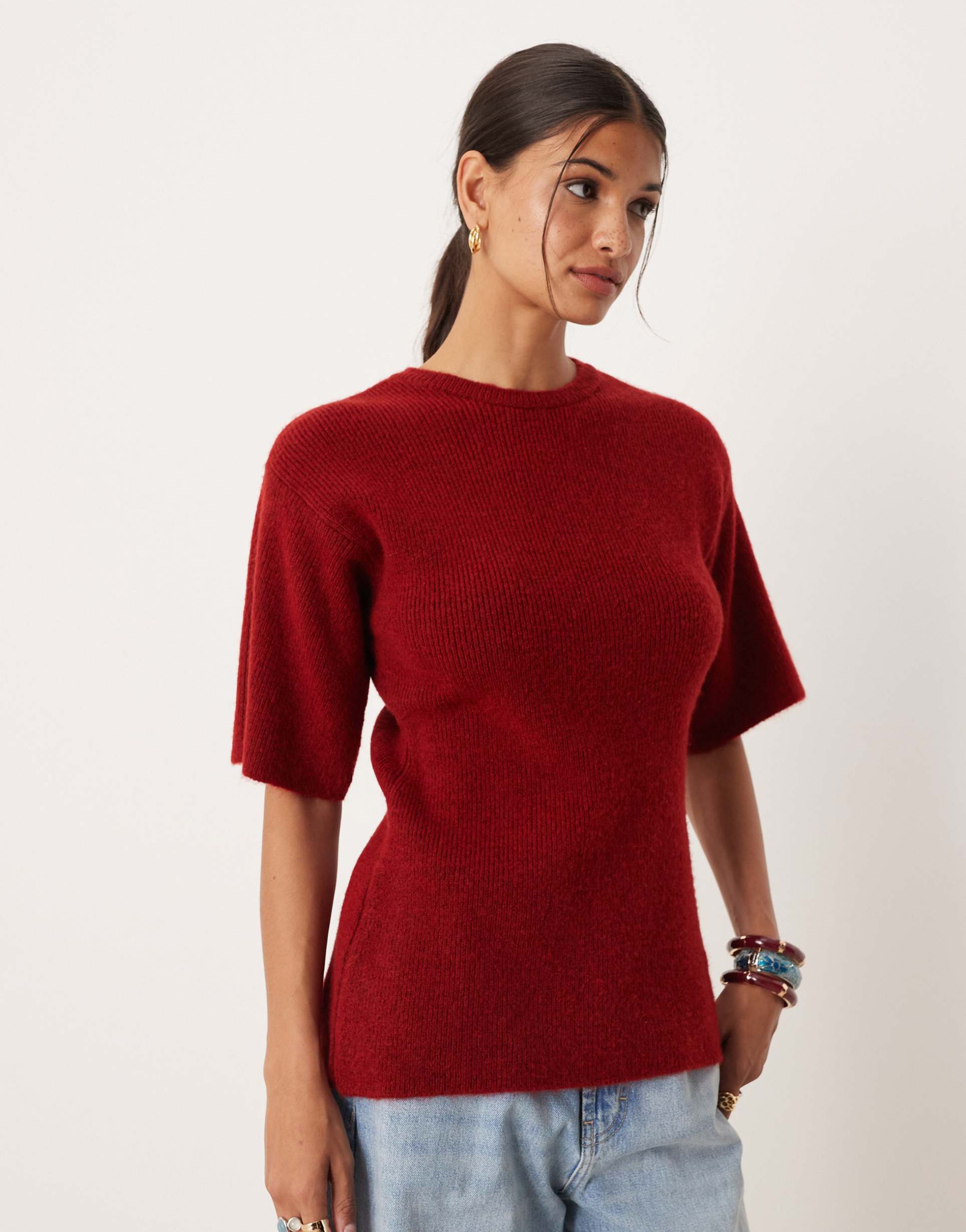 asos design nipped waist knit t-shirt in red