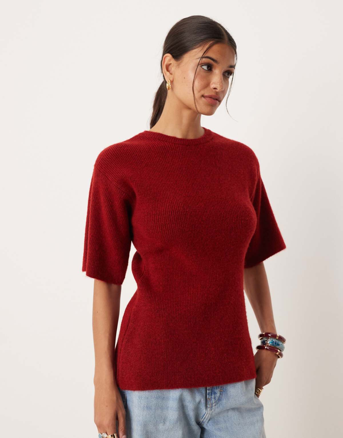 ASOS DESIGN nipped waist knitted t-shirt in red