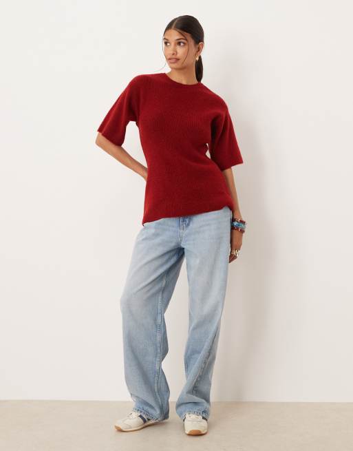 ASOS DESIGN nipped waist knitted t-shirt in red, 2 of 4
