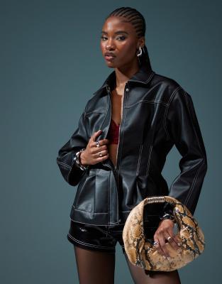 nipped waist leather look jacket in black