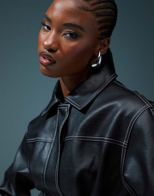 ASOS DESIGN nipped waist leather look jacket in black