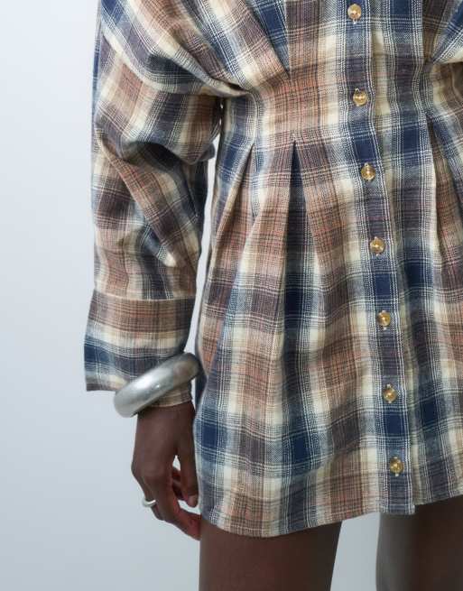 ASOS DESIGN nipped waist mini shirt dress in blue and tan check, 4 of 4