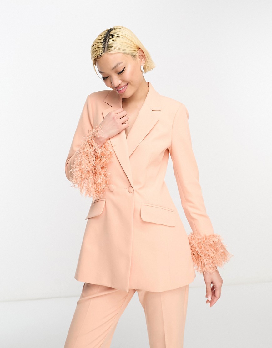 ASOS DESIGN nipped waist tuxedo suit blazer with fringe cuff in apricot-No colour