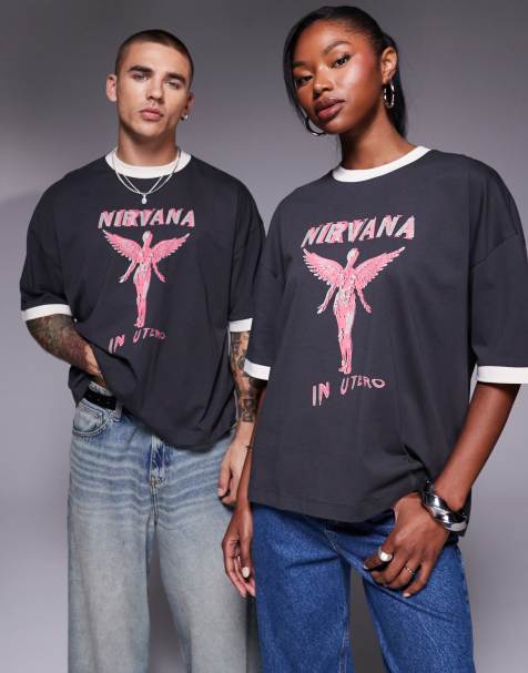 ASOS DESIGN Nirvana unisex boxy oversized ringer t-shirt with front print in charcoal - view 1