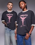 [ASOS DESIGN] ASOS DESIGN Nirvana unisex boxy oversized ringer t-shirt with front print in charcoal-Grey XL Dark grey