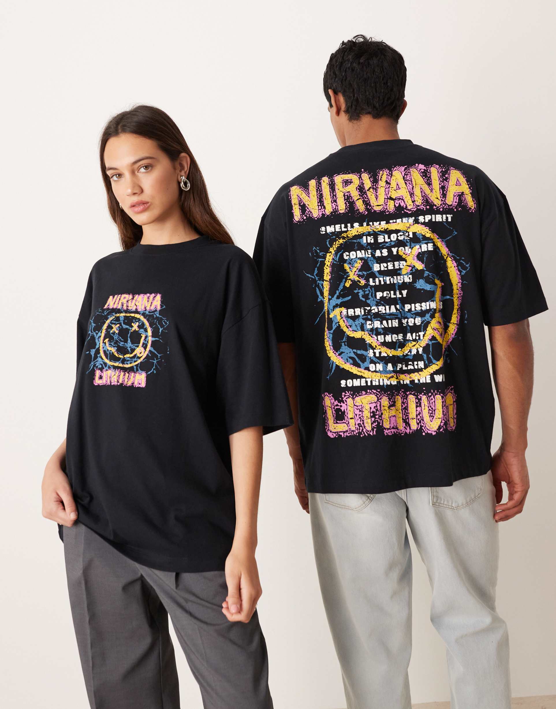 asos design nirvana unisex boxy oversized t-shirt with large scale prints in black