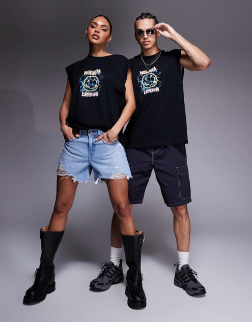 ASOS DESIGN Nirvana unisex boxy oversized tank top with large scale prints in black