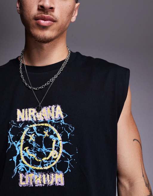 ASOS DESIGN Nirvana unisex boxy oversized tank top with large scale prints in black