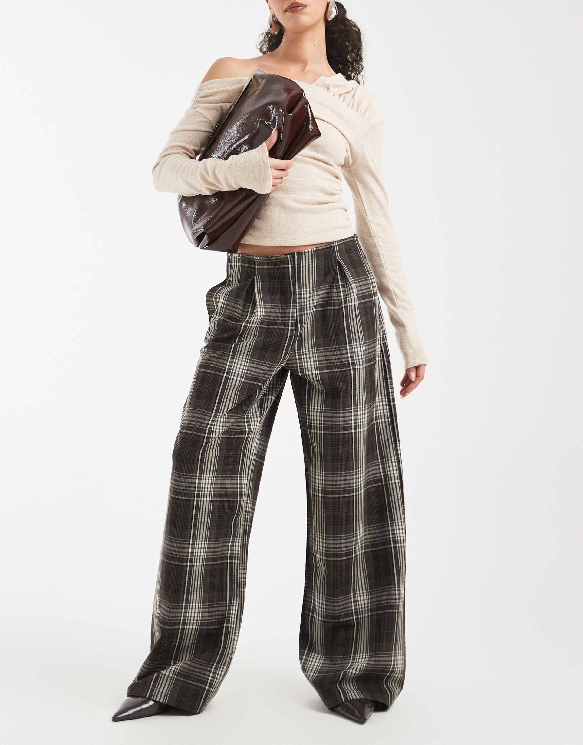 asos design no waistband straight leg pants in brown check