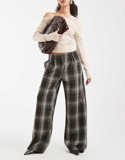 ASOS DESIGN no waistband straight leg trouser in brown check