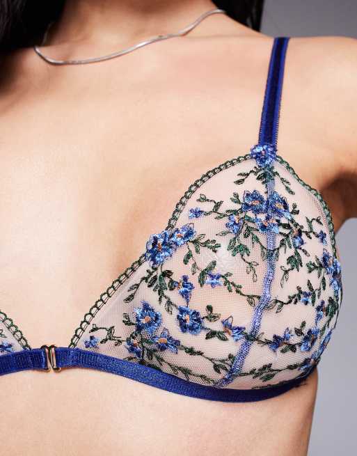 ASOS DESIGN – Noa – Hochwertiger, weicher BH mit marineblauer Blumenstickerei und Frontverschluss, 3 von 4