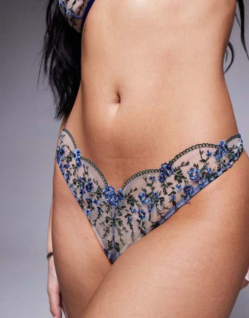 ASOS DESIGN Noa premium embroidery lingerie thong in navy floral, 4 of 4