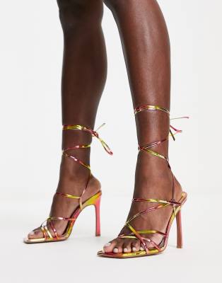 ASOS DESIGN - Nobu - Sandalen met hak en strikbanden in metallic kleurverloop