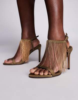 Noelle embellished fringe high heeled sandals in olive satin