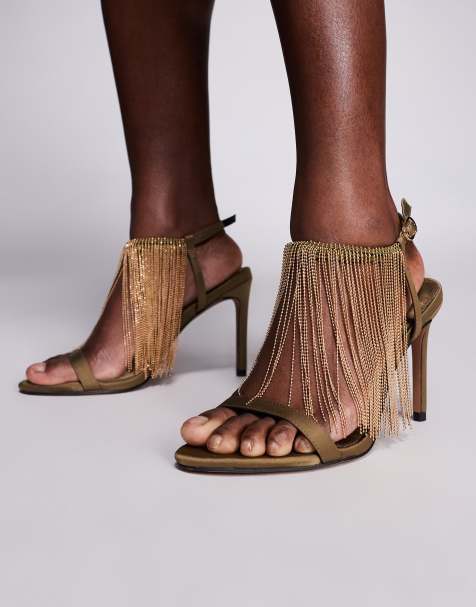 ASOS DESIGN - Noelle - Sandalen van satijn met hoge hak en franje met siersteentjes in olijfgroen - view 1
