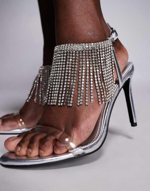 ASOS DESIGN – Noelle – Verzierte Sandaletten in Silber mit Fransen und hohem Absatz, 2 von 4