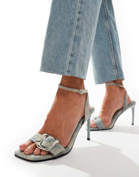 ASOS DESIGN - Noir - Sandalen met hak met gesp en hoge hak in denim - view 1