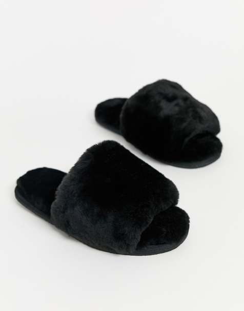ASOS DESIGN – Nola – Hochwertige Slipper in Schwarz aus Lammfell