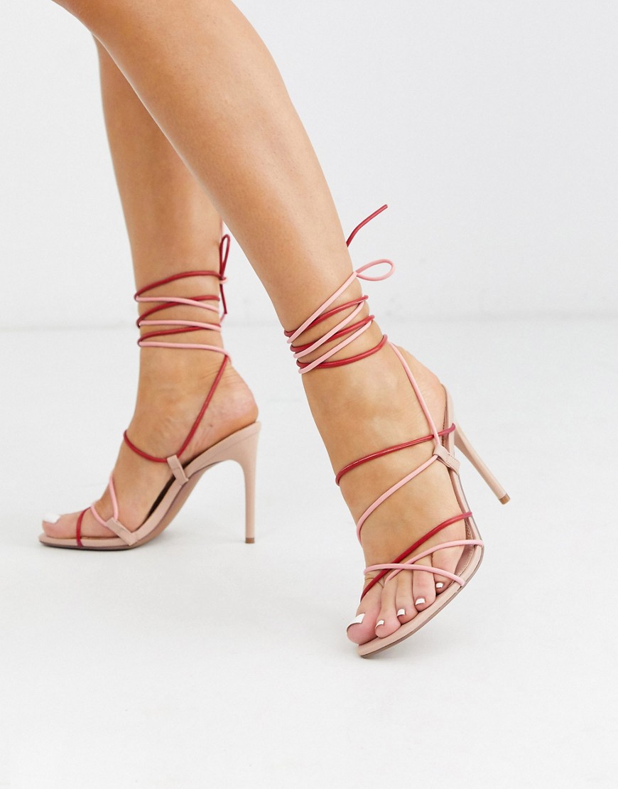 ASOS DESIGN Non Stop strappy tie leg heeled sandals in red and pink-Multi