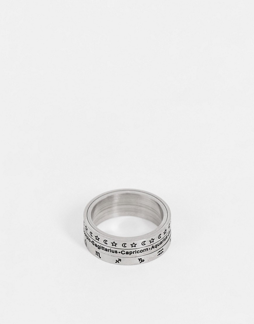 ASOS DESIGN non-tarnish stainless steel movement band ring with zodiac design in silver tone