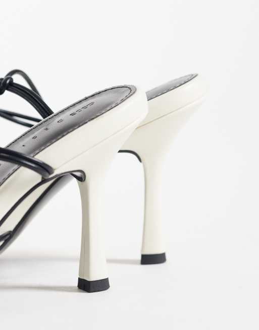 ASOS DESIGN Noodle knotted tie leg heeled sandals in black and white, 2 of 4