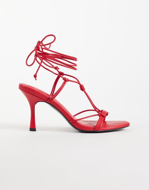 ASOS DESIGN Noodle knotted tie leg heeled sandals in red - view 1