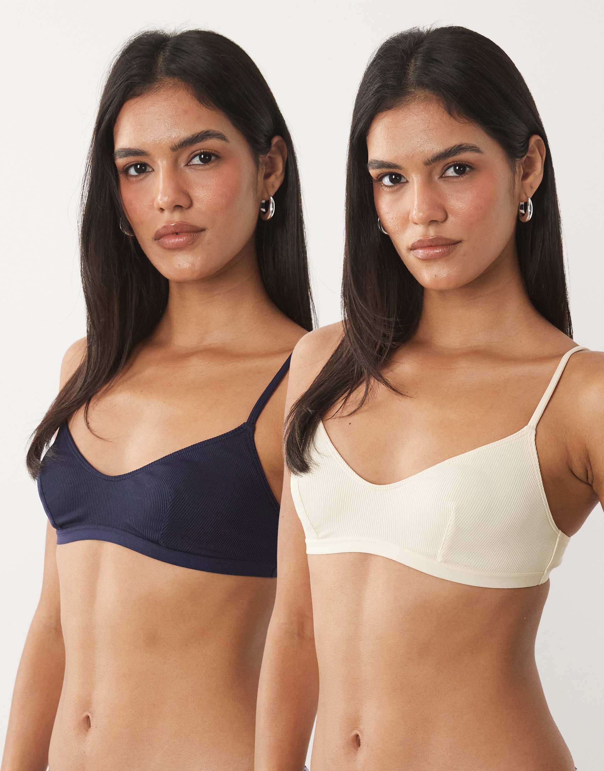 asos design nora 2 pack ribbed crop bras in navy & buttermilk