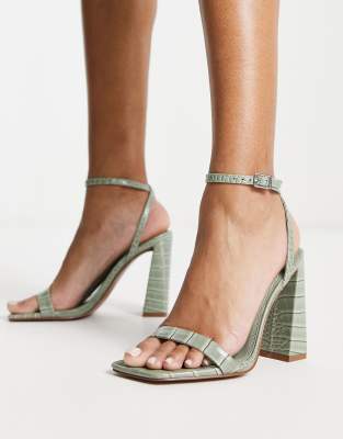 Asos Design Nora Barely There Block Heeled Sandals In Sage Green Croc