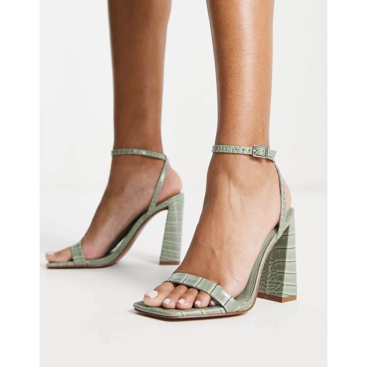 ASOS DESIGN Nora barely there block heeled sandals in sage green croc