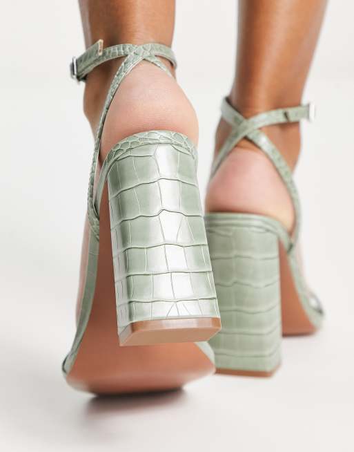 ASOS DESIGN Nora barely there block heeled sandals in sage green croc