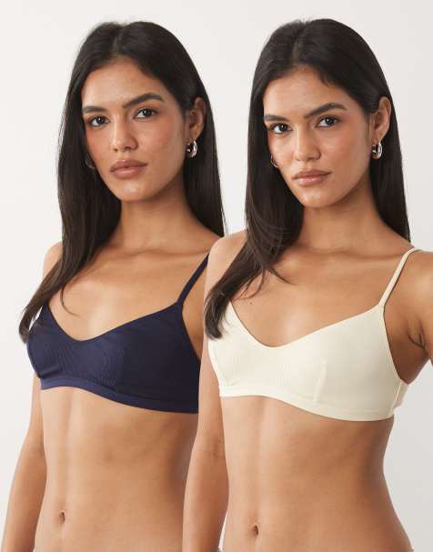 ASOS DESIGN Nora pakke med 2 ribstrikkede crop braletter i navy og buttermilk - view 1