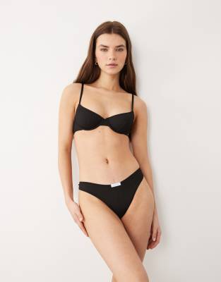 Asos Design Nora Rib Knit High Leg Thong With Tab Detail In Black