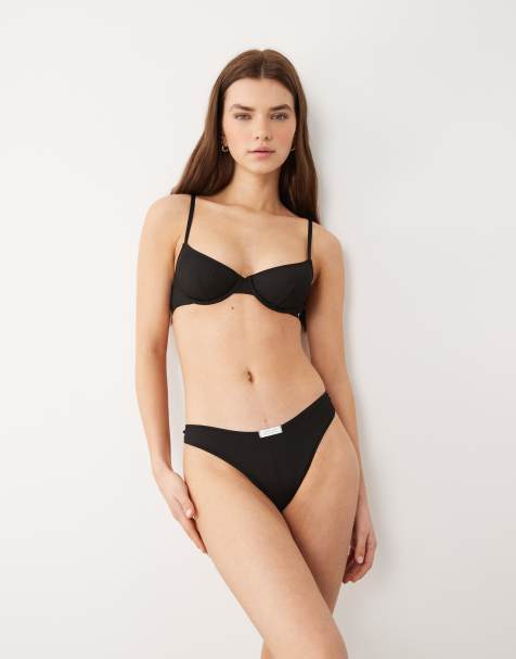 ASOS DESIGN Nora rib knit high leg thong with tab detail in black - view 1