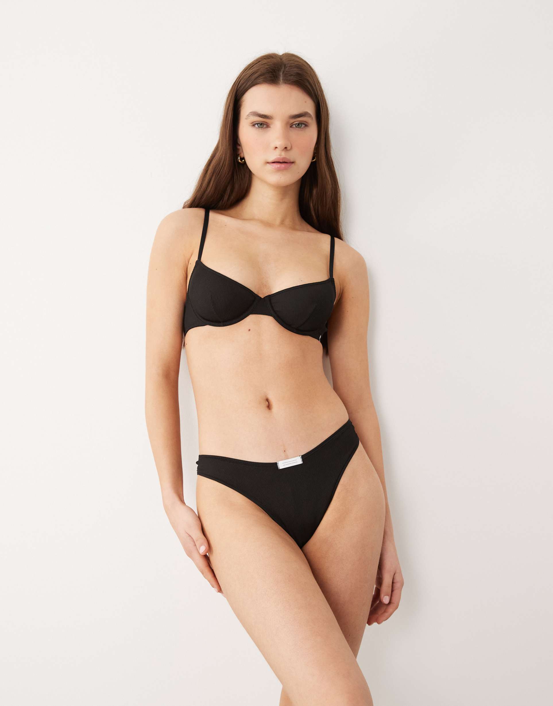 asos design nora rib knit high leg thong with tab detail in black
