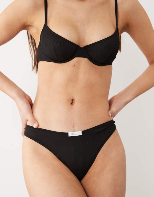 ASOS DESIGN Nora rib knit high leg thong with tab detail in black, 3 of 4