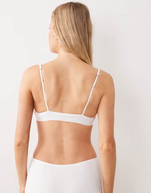 ASOS DESIGN Nora rib scoop crop with woven tab detail in white, 3 of 4