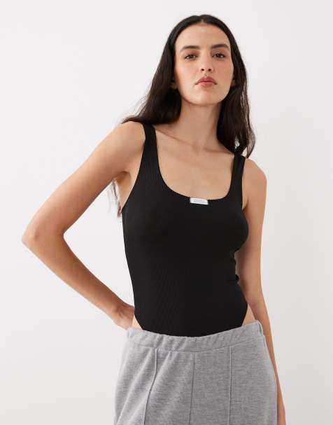 ASOS DESIGN Nora rib soft body with tab detail in black - view 1