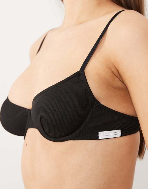 ASOS DESIGN – Nora – Svart, ribbad bygelbehå med vävd flikdetalj, 3 av 4