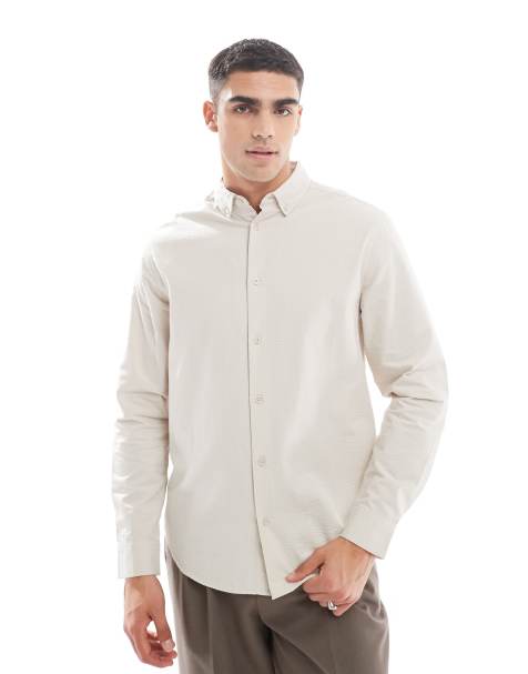ASOS DESIGN - Normaal seersucker overhemd in stone - view 1