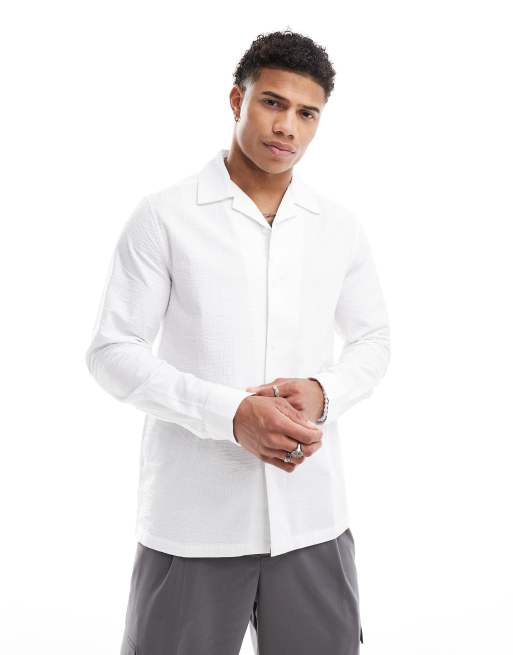 ASOS DESIGN - Normaal seersucker overhemd met brede reverskraag in wit
