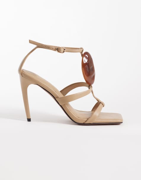 ASOS DESIGN - Nostalgia - Beige højhælede sandaler med T-formede remme og udsmykningsdetalje - view 1