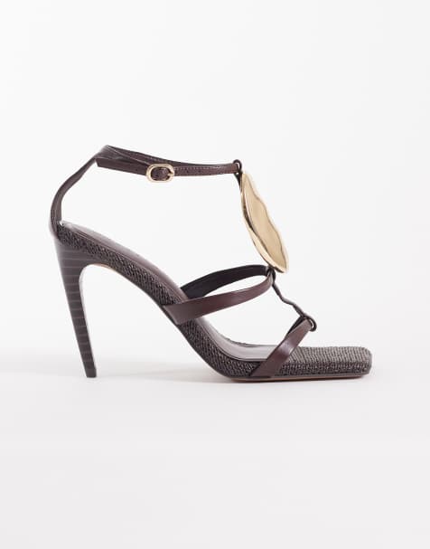 ASOS DESIGN Nostalgia trim detail T bar high heel sandals in chocolate - view 1